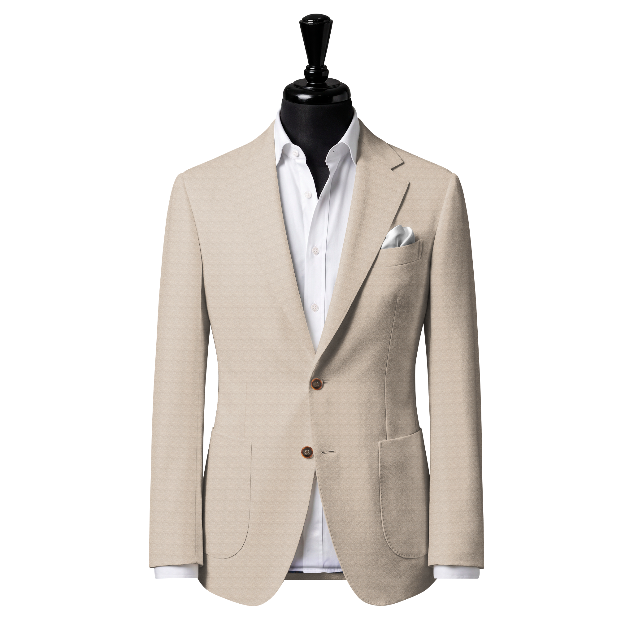 Mirror preview of a cream patch-pocket jacket, with a white shirt and white pocket square